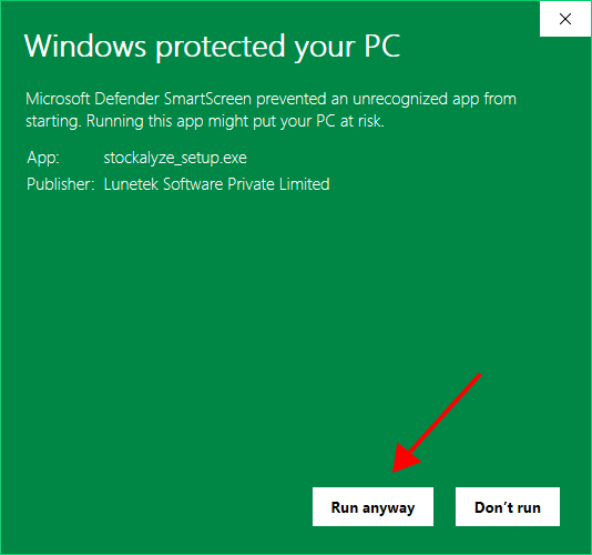 Windows SmartScreen dialog showing the Run anyway option
