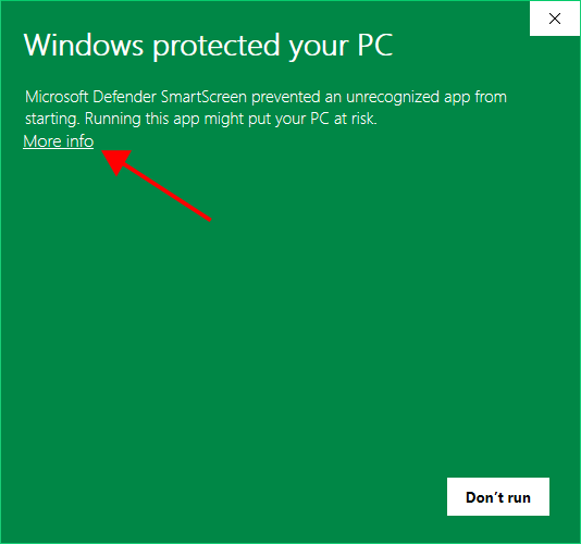 Windows SmartScreen warning showing the More info option