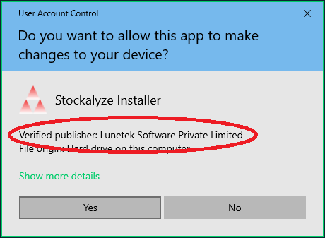 User Account Control dialog showing Lunetek Software Private Limited as the verified publisher