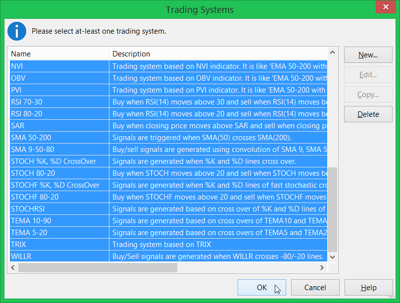 Select all Trading Systems for backtesting