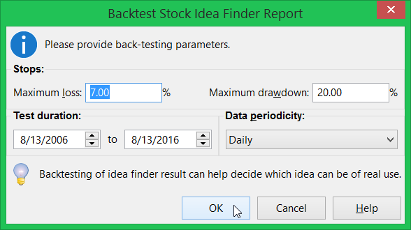 Backtest Stock Screener Report dialog