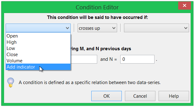 Condition Editor Dialog to add indicator in data list