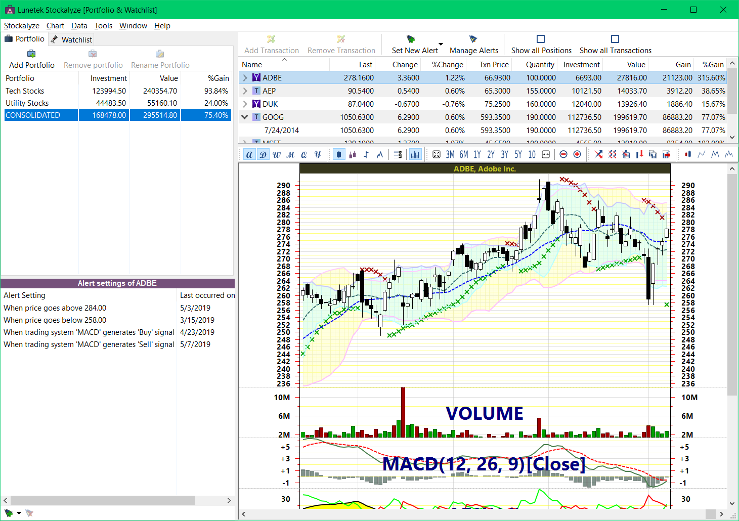 Portfolio and Watchlist main window